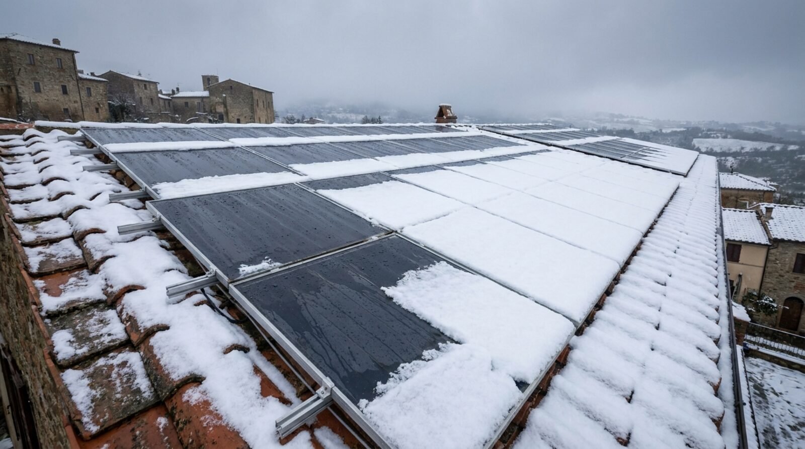 Pannelli fotovoltaici coperti di neve su un tetto in provincia di Bologna